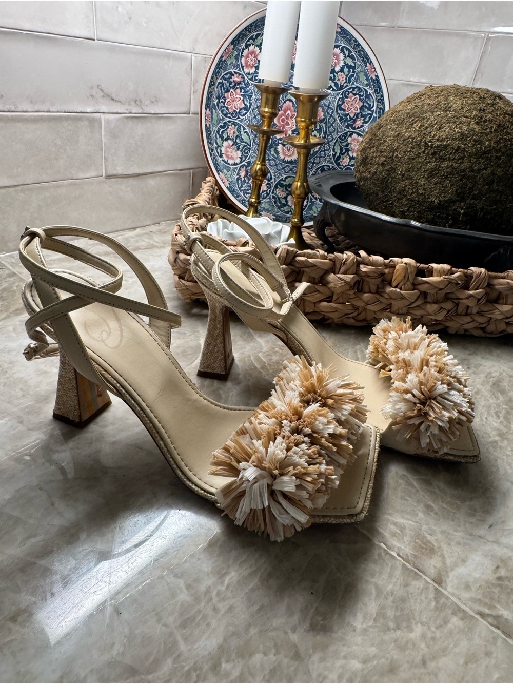 Sam Edelman Raffia Pom Pom Ankle Wrap Heels